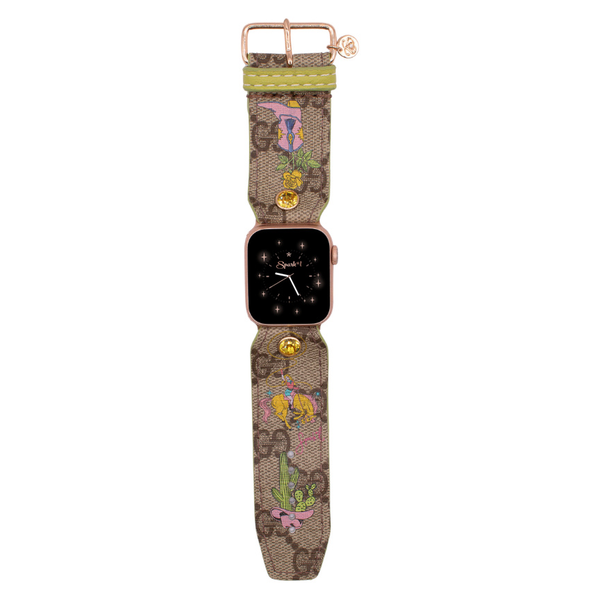 Authentic Spark*l retro cowgirl on upcycled brown webbed GG Apple Watch band 45m Apple Watch Caramel Brown Rally Horween Leather Watch Band  main image 4