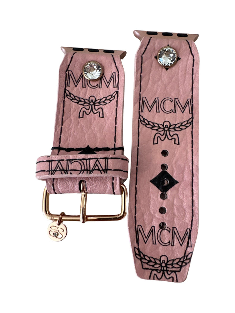 ReSpark*l - Upcycled Pink MCM with Leather Sleek Sivella Watchband with Two Logos (Size 2, Apple Watch 38-41mm)