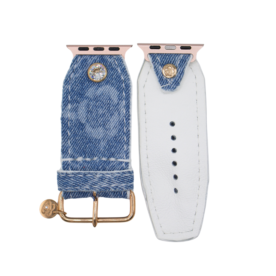 ReSpark*l - Upcycled Chanel Denim with White sleek Sivella Watchband (Size 1, Apple watch 38-41mm)