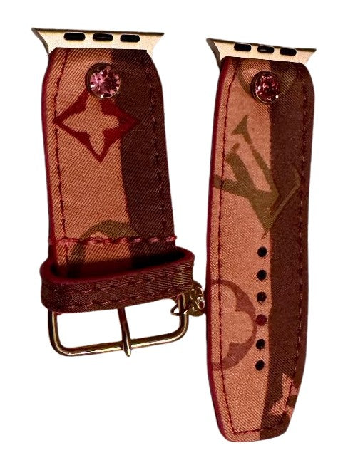 ReSpark*l - Upcycled LV Rose with hot pink sleek Sivella Watchband with Logo (Size 2, Apple watch 42-49mm)