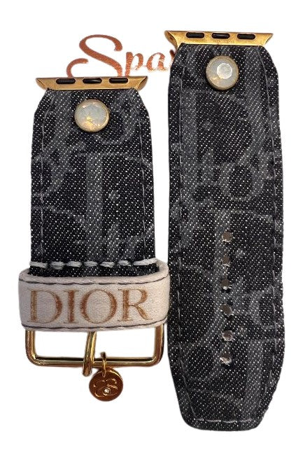 ReSpark*l - Upcycled Denim Dior with Italian cream sleek sivella watchband & Dior Ribbon Keeper (Size 2, Apple watch 38-41mm)