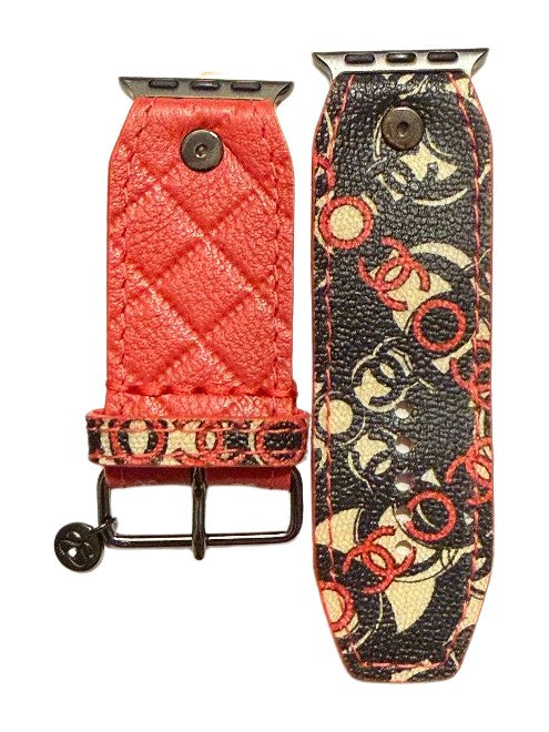 ReSpark*l - Upcycled Optic Chanel & Red Quilted Jekyll sleek Sivella Watchband (Size 2, Apple Watch 38-41mm)