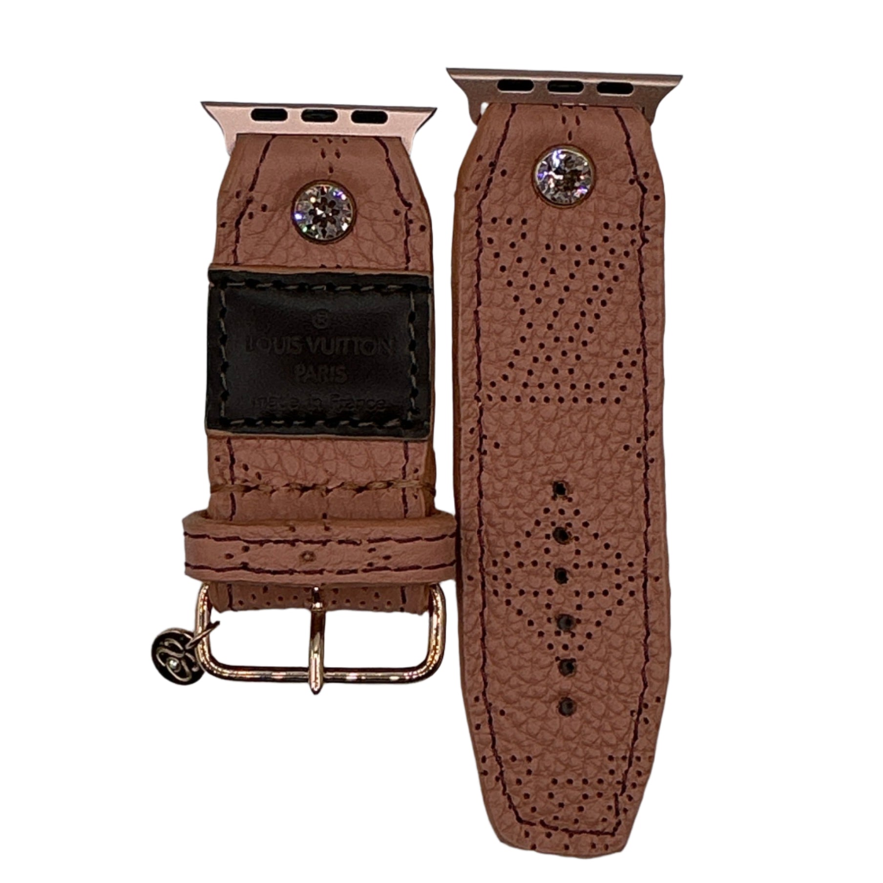 ReSpark*l - Upcycled LV Blush Mahina with Logo & LV Patch with Pink Sivella Watchband (Size 2, Apple watch 38-41)