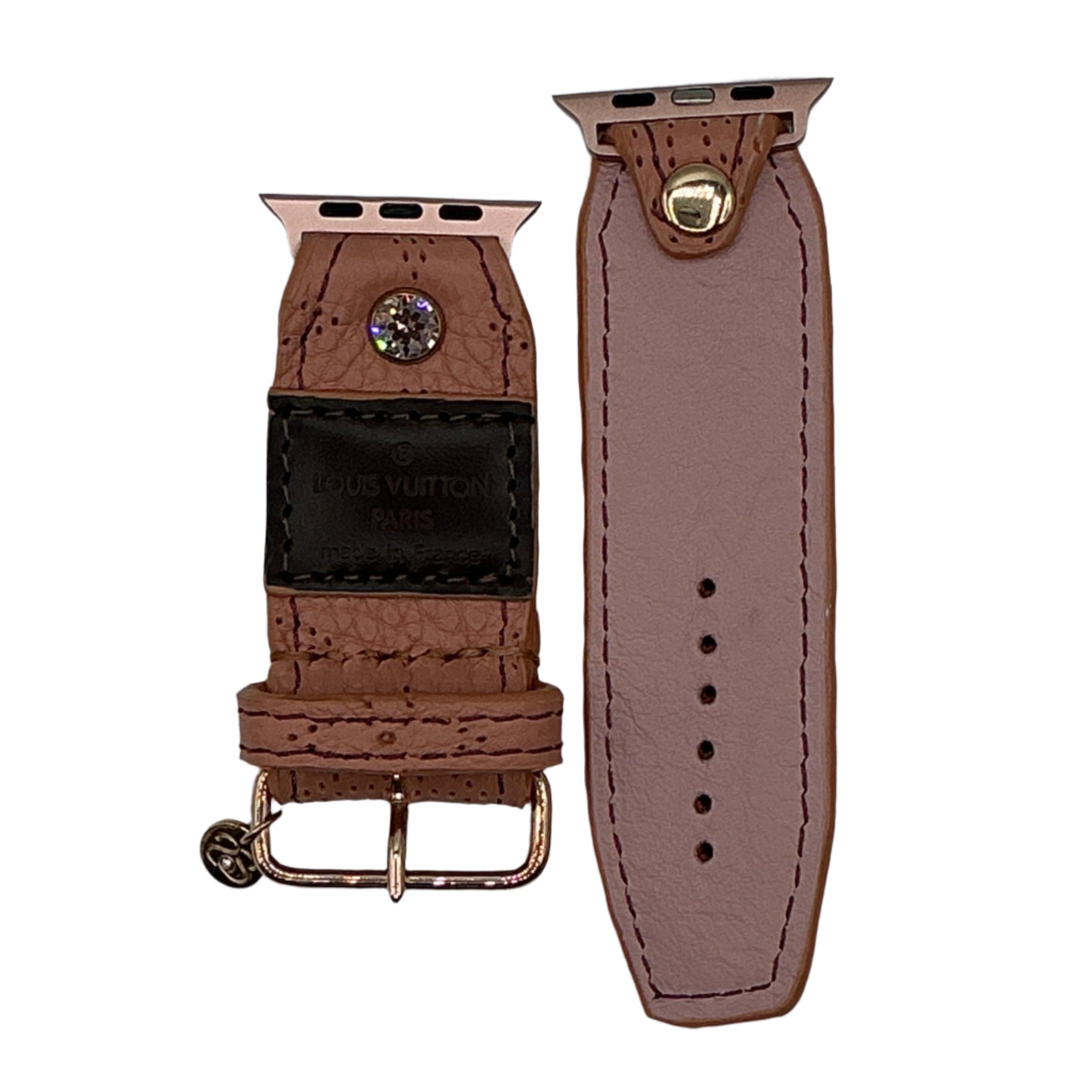 ReSpark*l - Upcycled LV Blush Mahina with Logo & LV Patch with Pink Sivella Watchband (Size 2, Apple watch 38-41)