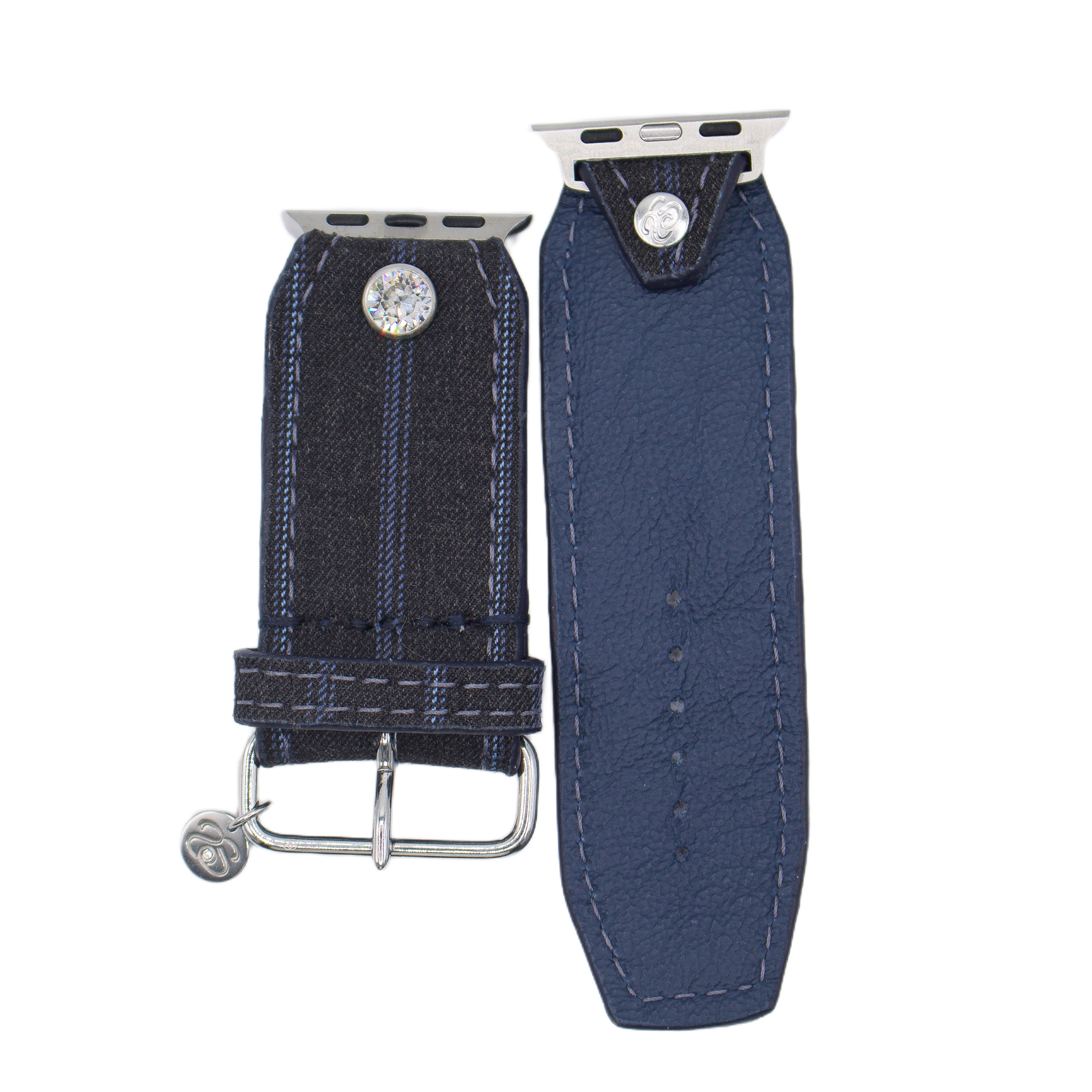 ReSpark*l - Upcycled LV Pinstripe with Logo with Navy Sivella Watchband (Size 2, Apple Watch 38-41mm)