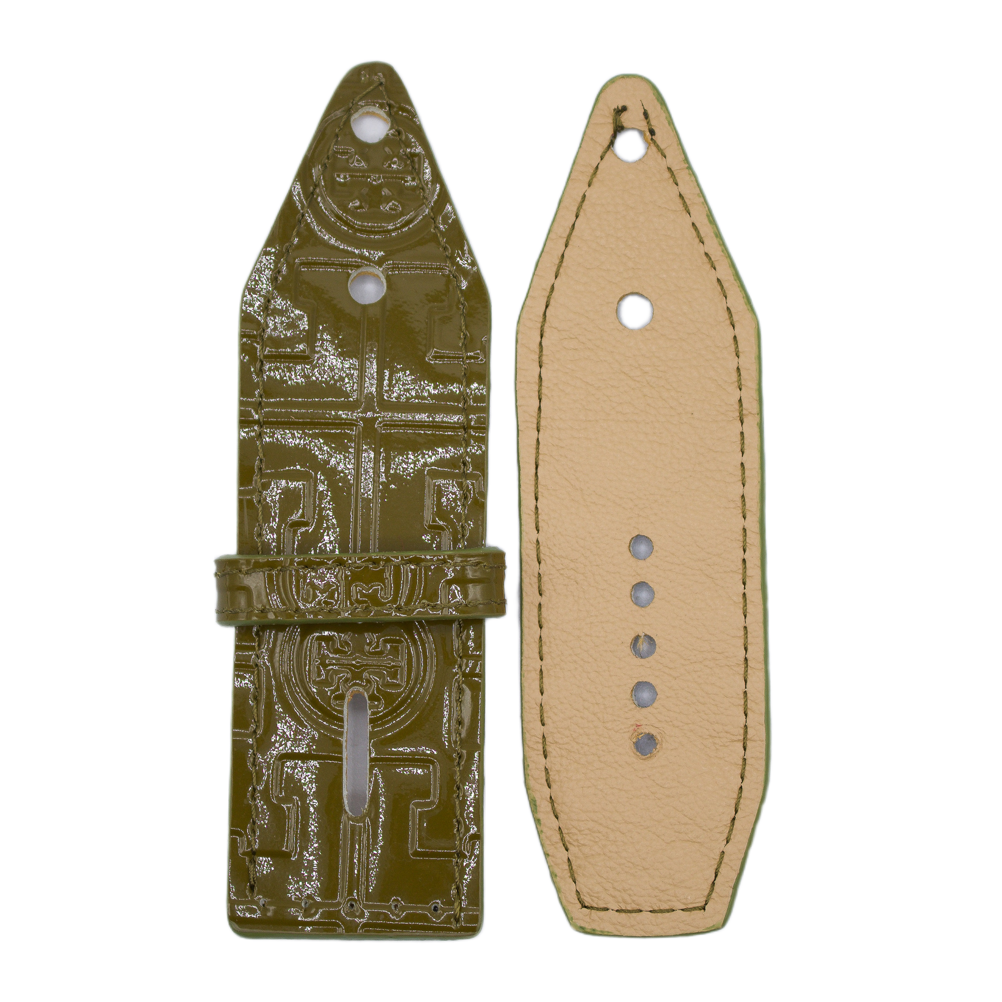 Re-Spark’l - Upcycled Olive Patent Tory Burch with tan sleek Sivella Watchband (Size 1, Apple watch 38-41mm))