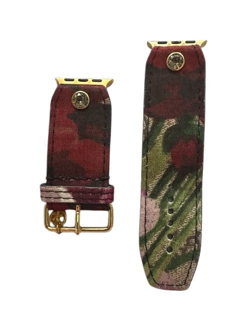 ReSpark*l - Upcycled Burgundy Blooms with olive sleek Sivella Watchband (Size 3, Apple watch 38-41mm)